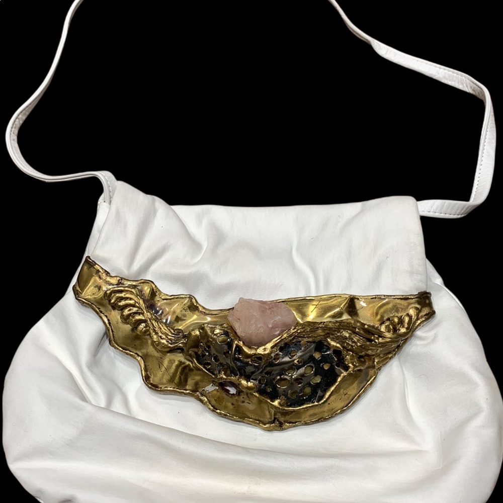 Shoulder White Leather Bag with Bronze Detail and Rose Quartz